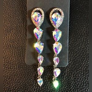 Silver AB Crystal Rhinestone Earrings Rainbow Statement 3”